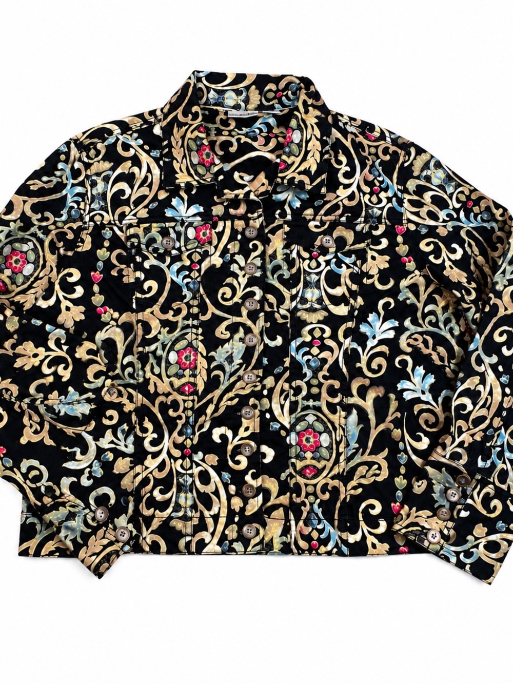 Chico’s Size 2 Black Baroque Floral Scroll Print Stretch Cotton Trucker Jacket